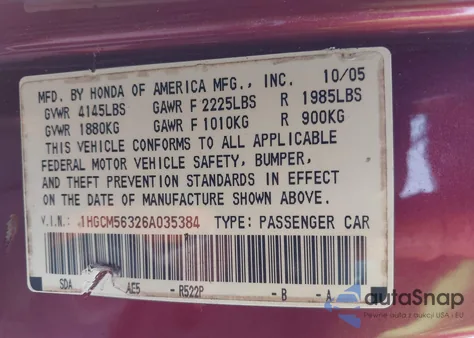 2006 Honda Accord 2.4 Se из США, поврежденный, VIN 1HGCM56326A035384